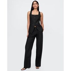 New Gap Pants Size 10 Tall Linen Blend Pleated Low Rise Trouser Wide Leg Black